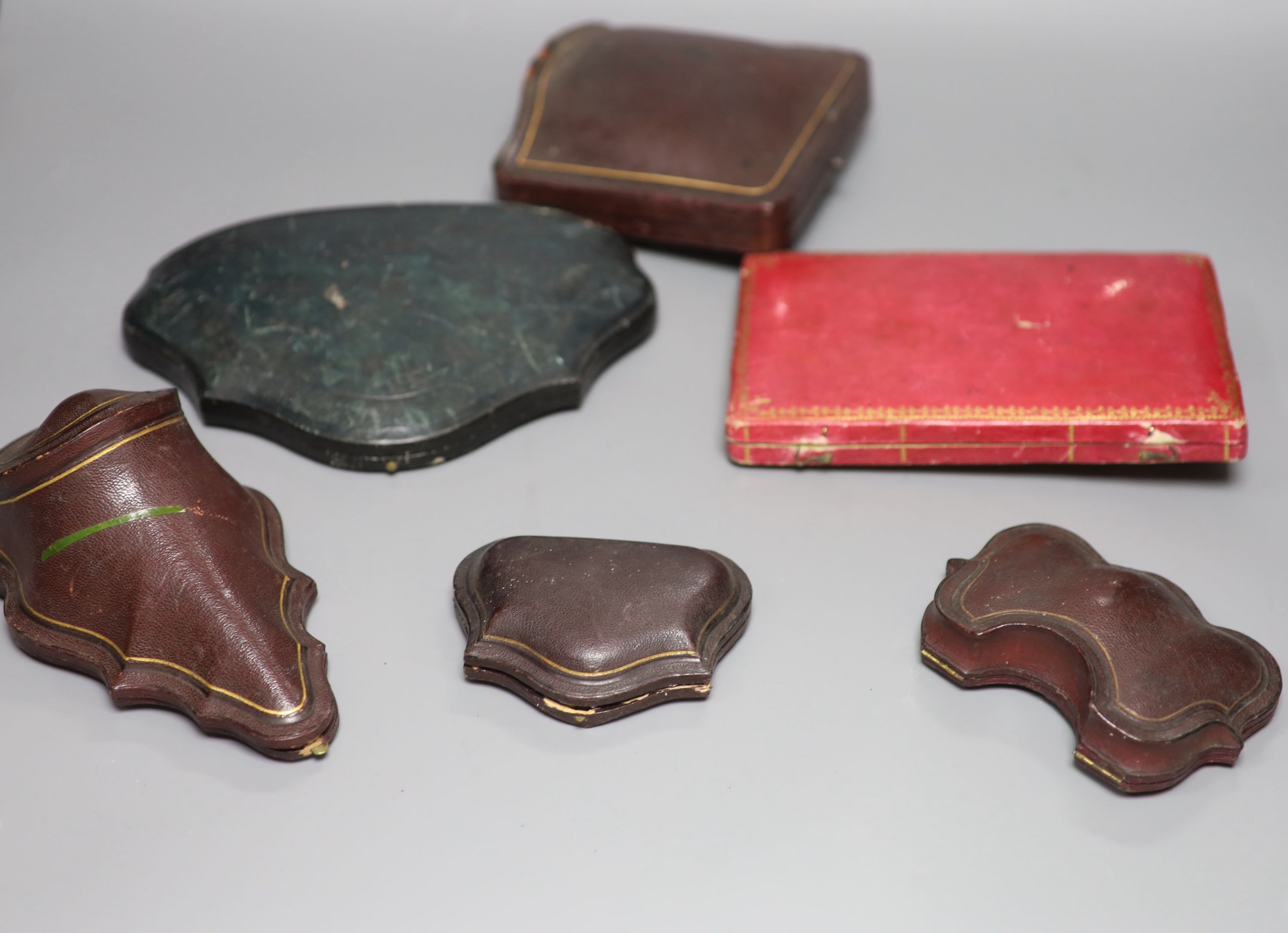 Six assorted antique jewellery boxes, largest 22.5cm.